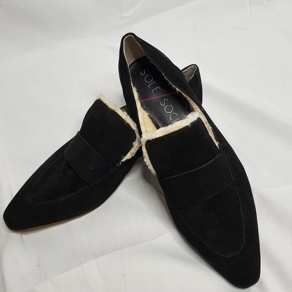 SOLE SOCIETY loafer Bettina black leather faux fur lined shoe 9.5 - Picture 2 of 8
